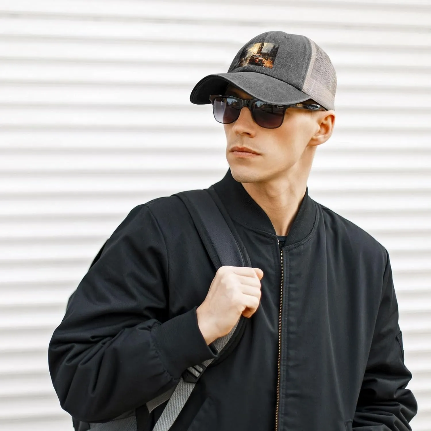 Black Men Women Denim Mesh Baseball Cap - London Color Taxi Print Breathable Trucker Hat, for Casual Outdoor Sunshade Caps