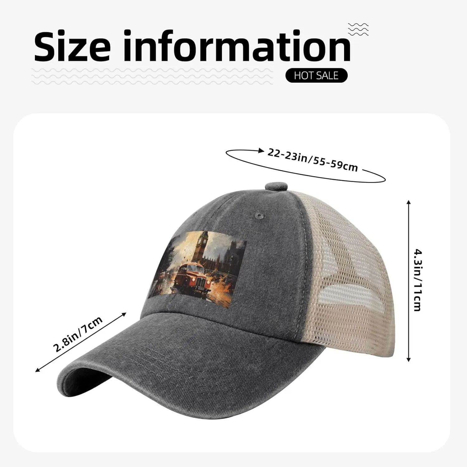 Black Men Women Denim Mesh Baseball Cap - London Color Taxi Print Breathable Trucker Hat, for Casual Outdoor Sunshade Caps