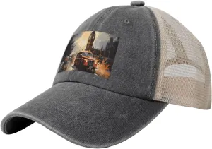 Black Men Women Denim Mesh Baseball Cap - London Color Taxi Print Breathable Trucker Hat, for Casual Outdoor Sunshade Caps