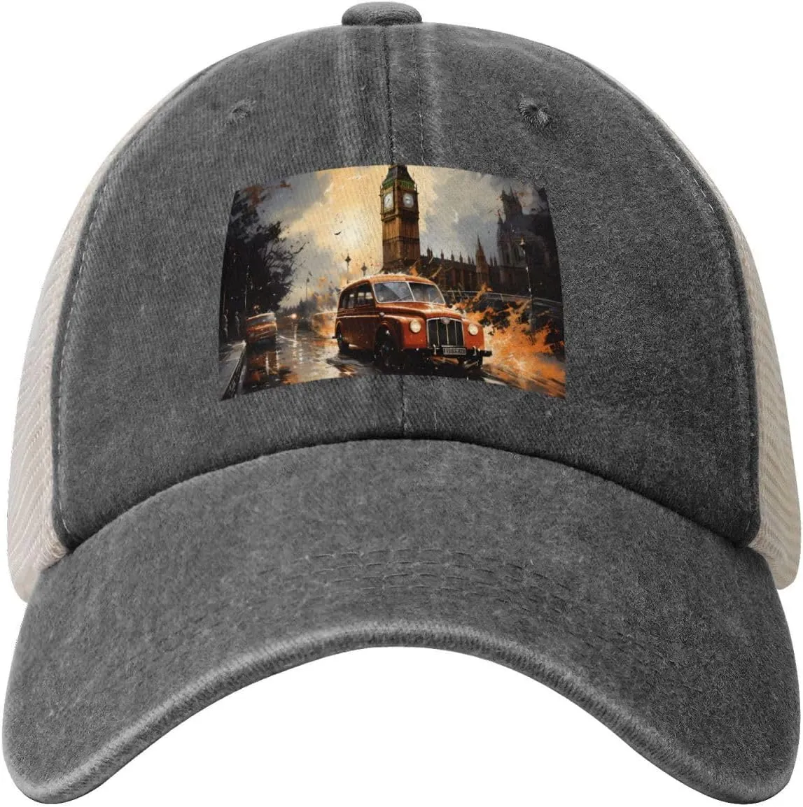 Black Men Women Denim Mesh Baseball Cap - London Color Taxi Print Breathable Trucker Hat, for Casual Outdoor Sunshade Caps