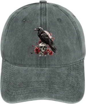 Black Raven Goth Skull Roses Baseball Trucker Cap Athletic Denim Hat Vintage Gaming Dad Hats for Men Women