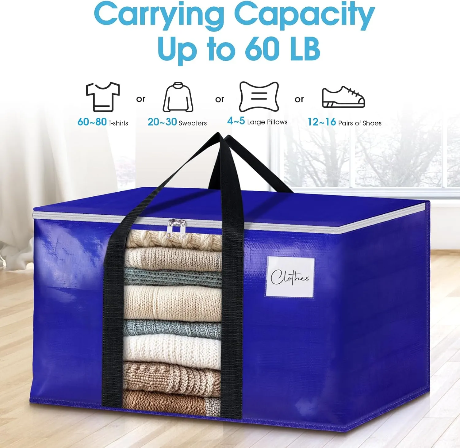 BlissTotes 6 Pack Moving Bags with Clear Window, Storage Bags with Strong Carrying Handles & Zippers,Large Packing Bags for Saving Space, Alternative to Moving Boxes(Blue,24 Gallon)