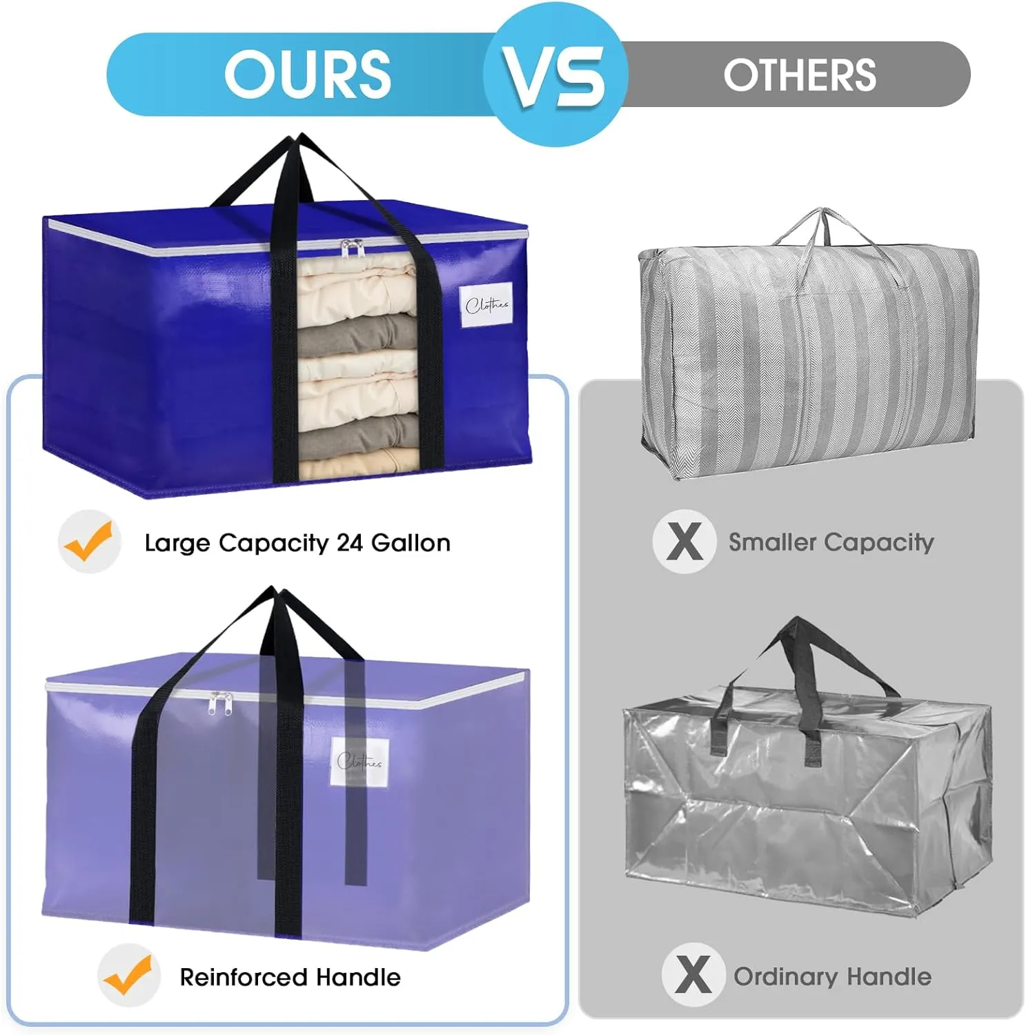 BlissTotes 6 Pack Moving Bags with Clear Window, Storage Bags with Strong Carrying Handles & Zippers,Large Packing Bags for Saving Space, Alternative to Moving Boxes(Blue,24 Gallon)