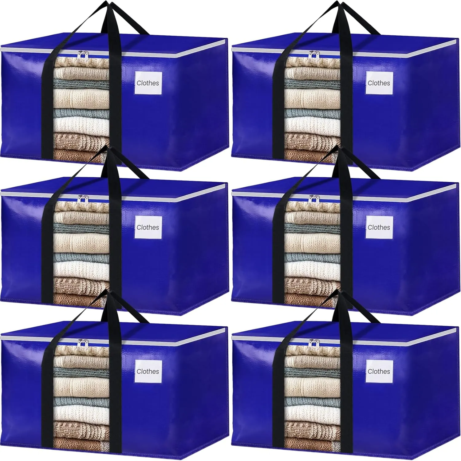 BlissTotes 6 Pack Moving Bags with Clear Window, Storage Bags with Strong Carrying Handles & Zippers,Large Packing Bags for Saving Space, Alternative to Moving Boxes(Blue,24 Gallon)
