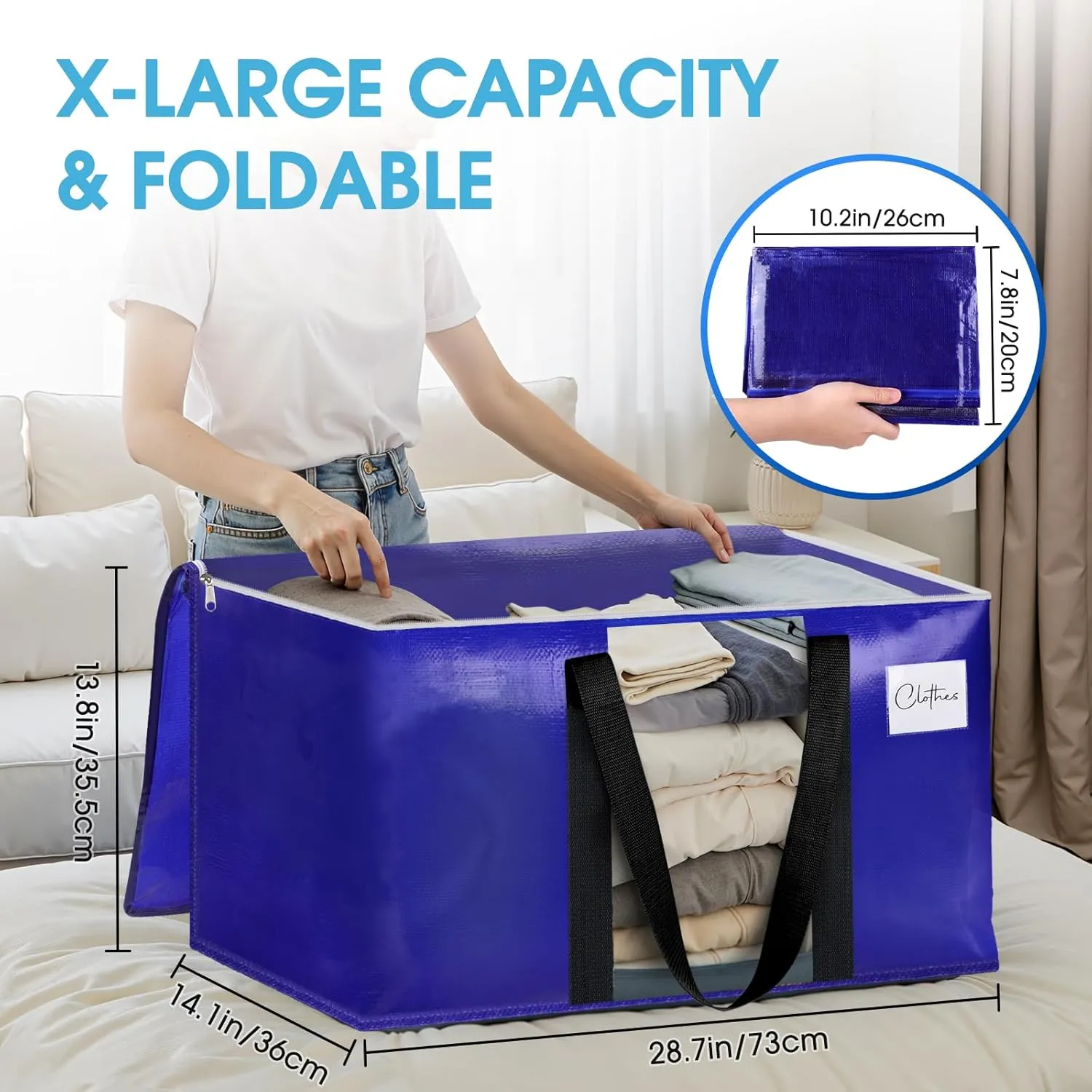 BlissTotes 6 Pack Moving Bags with Clear Window, Storage Bags with Strong Carrying Handles & Zippers,Large Packing Bags for Saving Space, Alternative to Moving Boxes(Blue,24 Gallon)