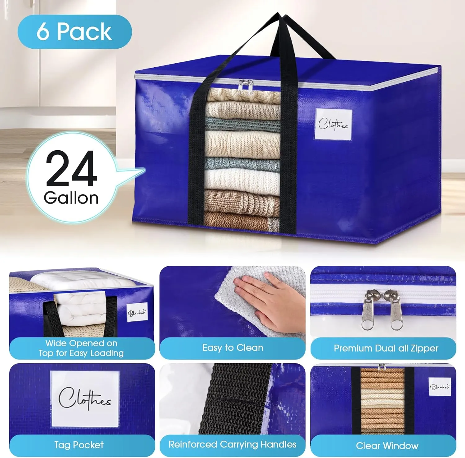 BlissTotes 6 Pack Moving Bags with Clear Window, Storage Bags with Strong Carrying Handles & Zippers,Large Packing Bags for Saving Space, Alternative to Moving Boxes(Blue,24 Gallon)