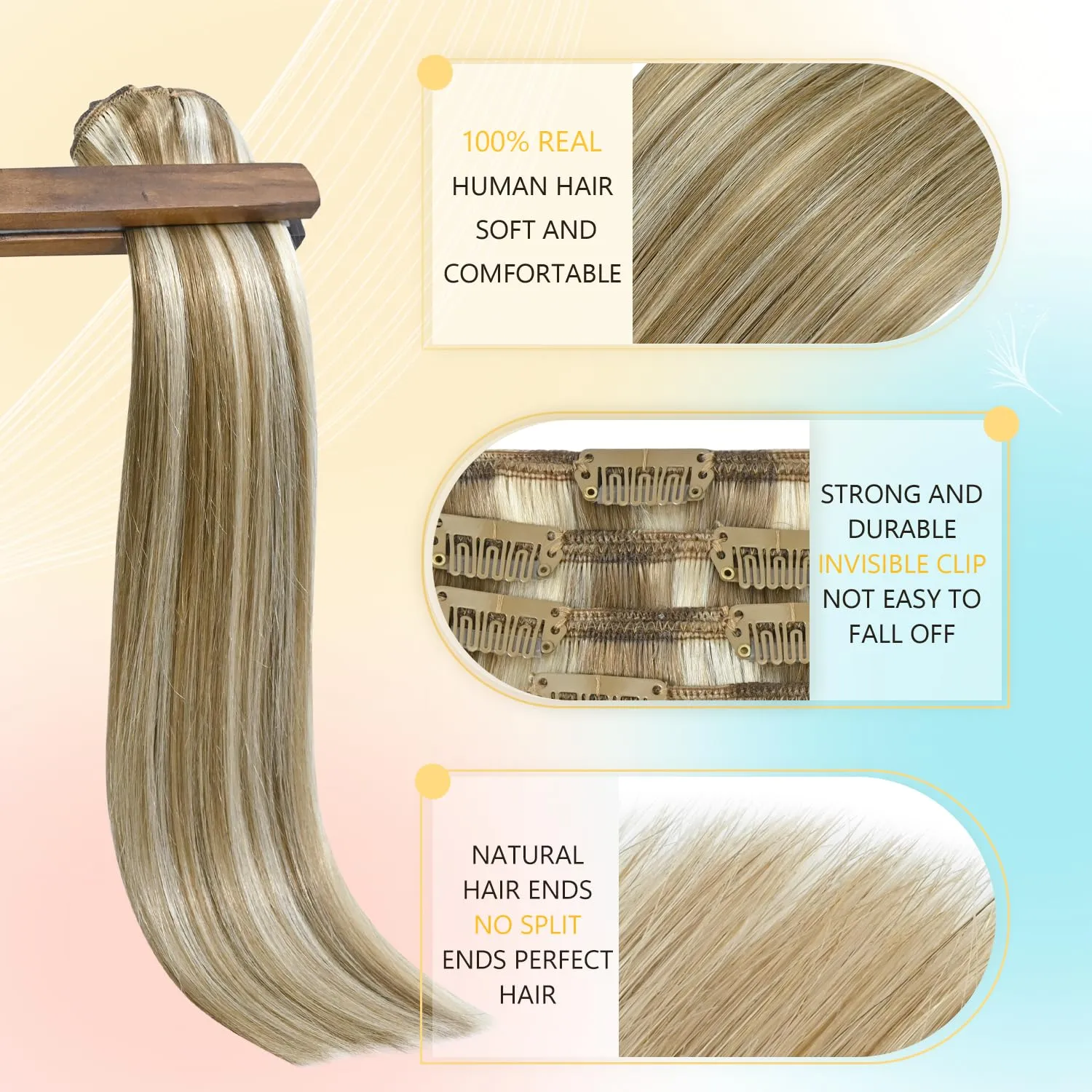 Blonde Hair Extensions Real Human Hair 18 inch 75g Golden Blonde Highlights Straight Remy Human Hair 100% Remy Human Hair Extension for Women