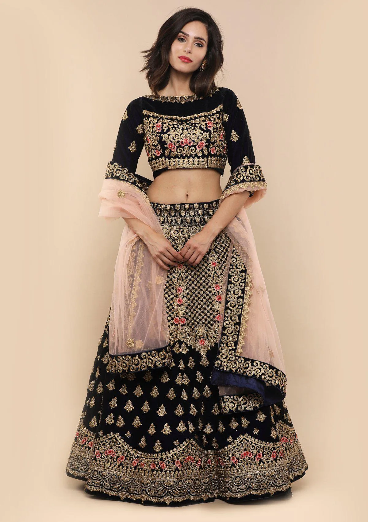 Blue and Peach Velvet Semi Stitched Lehenga