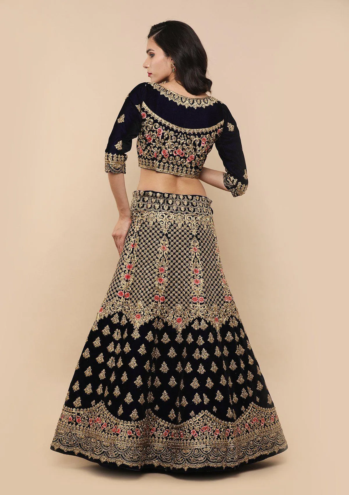 Blue and Peach Velvet Semi Stitched Lehenga