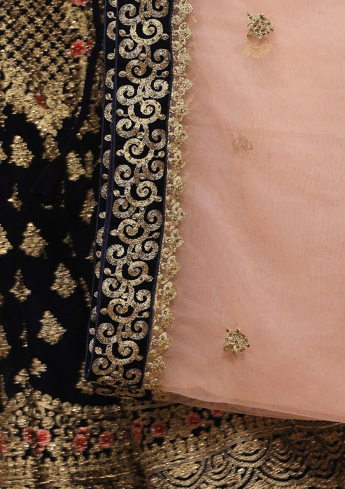 Blue and Peach Velvet Semi Stitched Lehenga