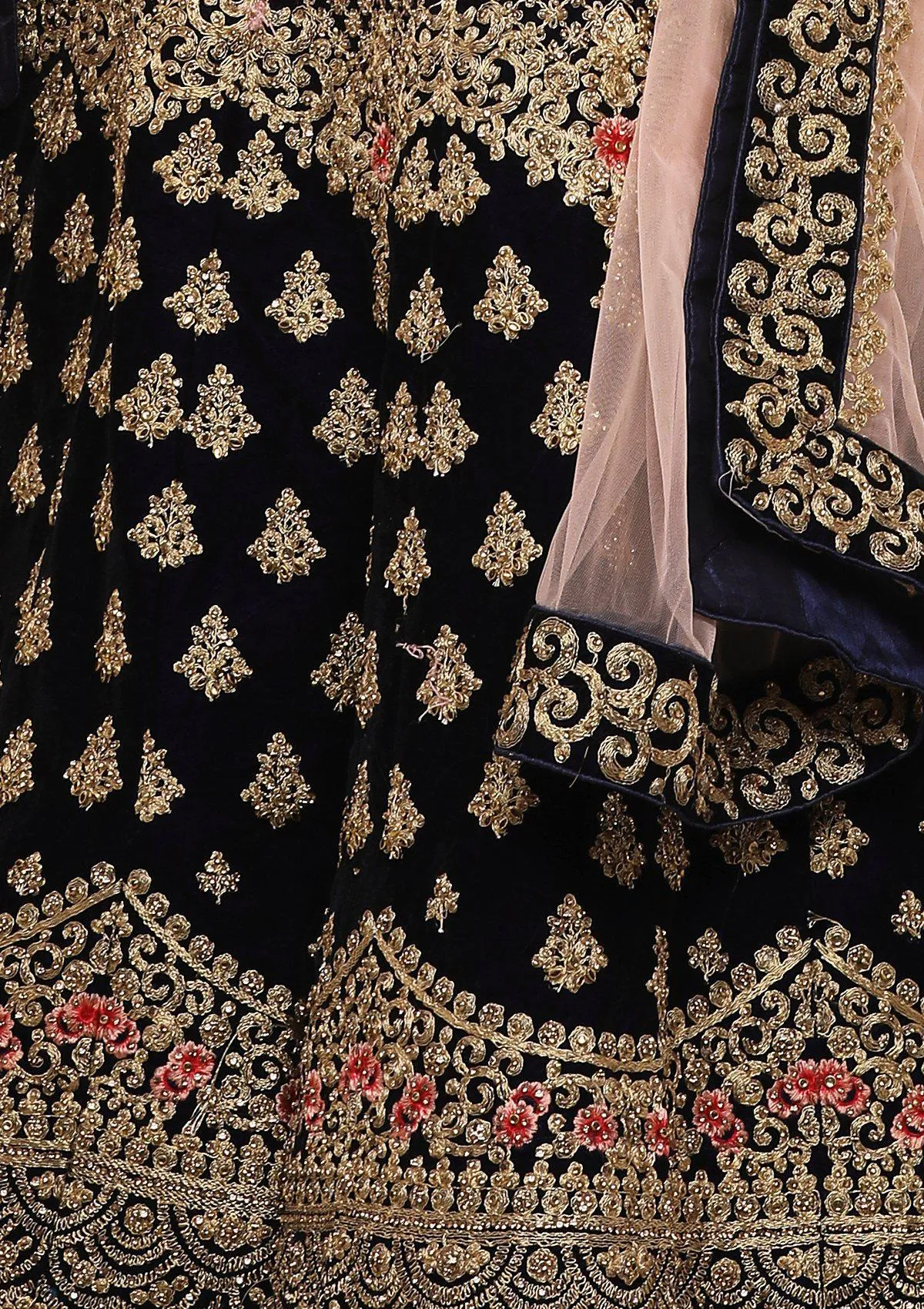 Blue and Peach Velvet Semi Stitched Lehenga