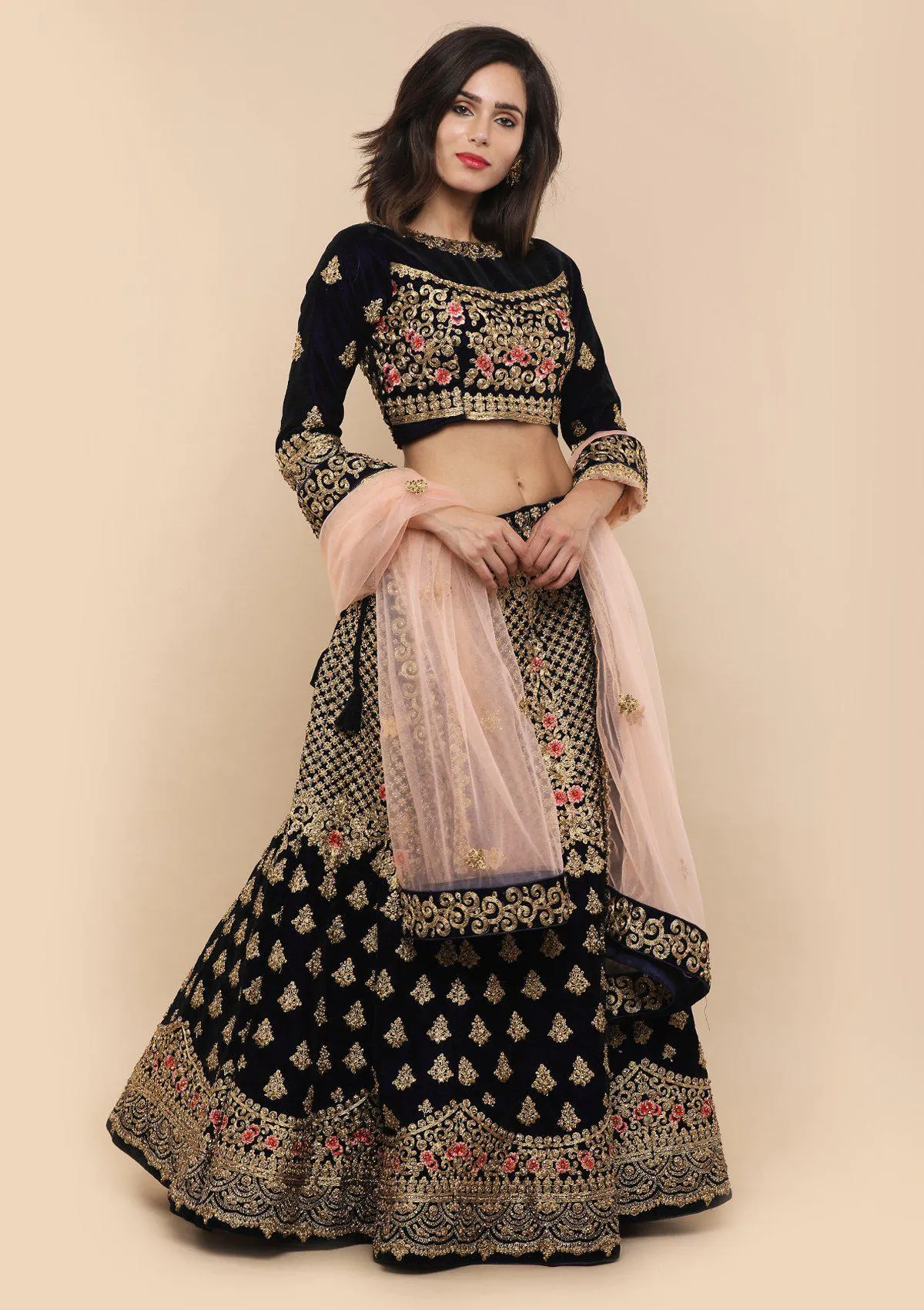 Blue and Peach Velvet Semi Stitched Lehenga