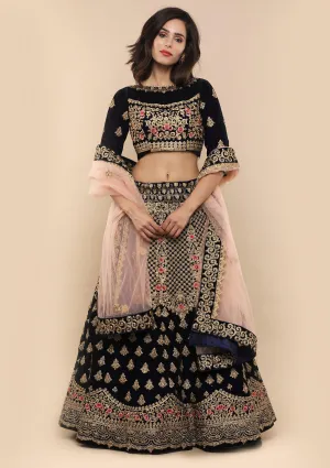 Blue and Peach Velvet Semi Stitched Lehenga