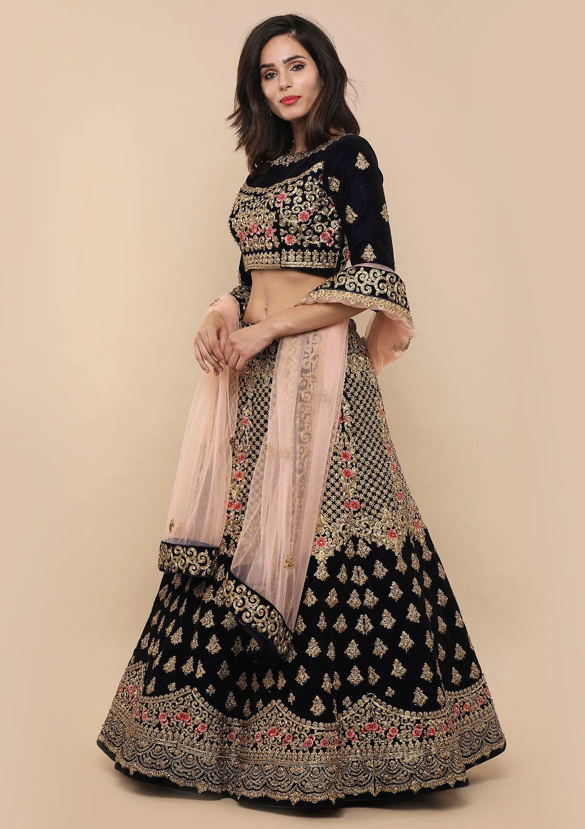Blue and Peach Velvet Semi Stitched Lehenga