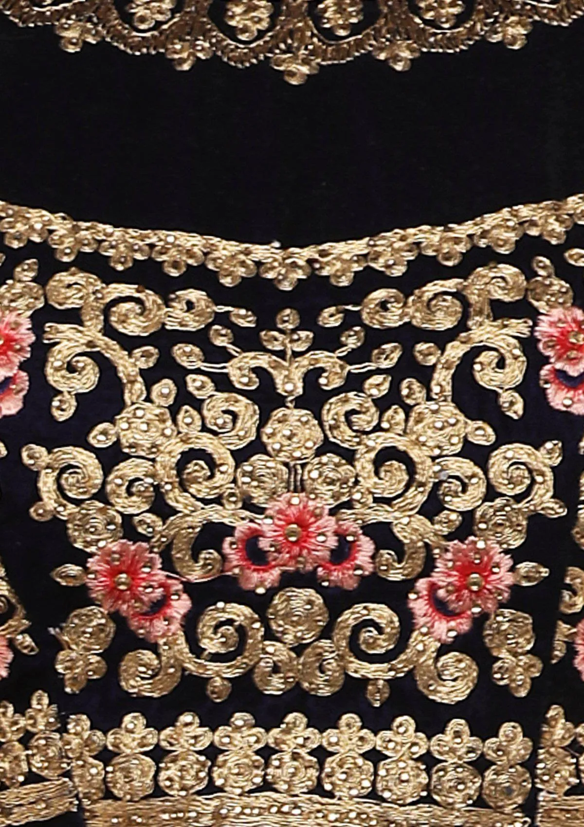 Blue and Peach Velvet Semi Stitched Lehenga