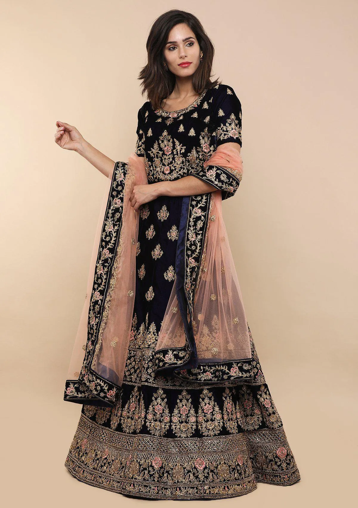 Blue and Pink Velvet Semi Stitched Lehenga