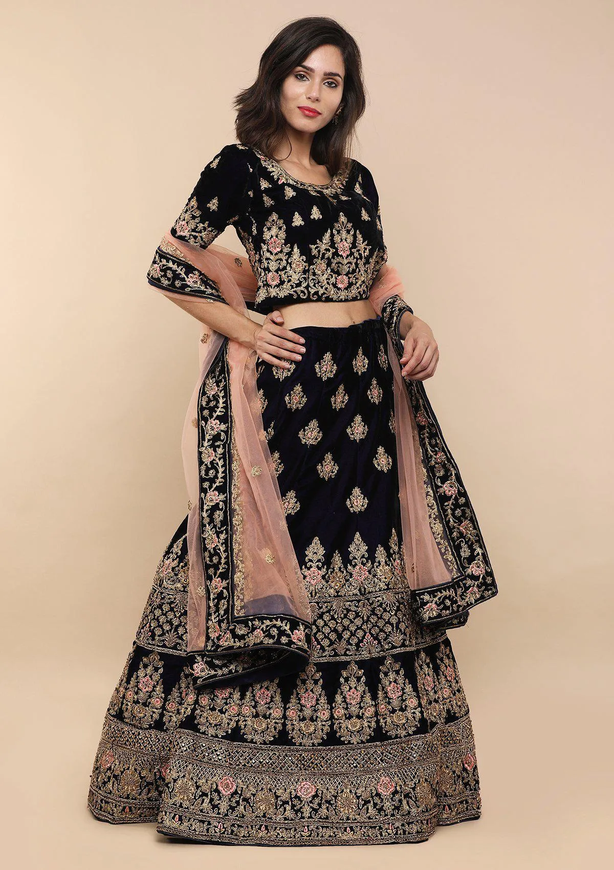 Blue and Pink Velvet Semi Stitched Lehenga