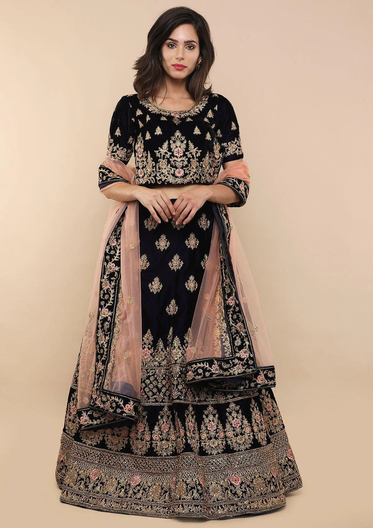 Blue and Pink Velvet Semi Stitched Lehenga