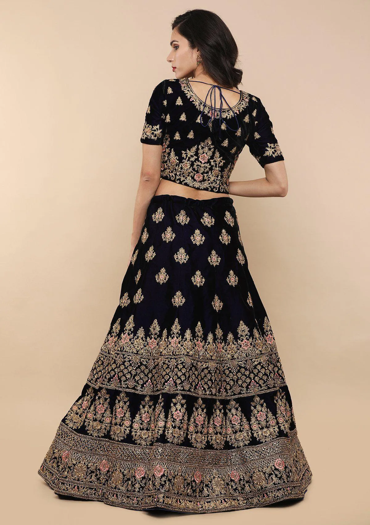 Blue and Pink Velvet Semi Stitched Lehenga