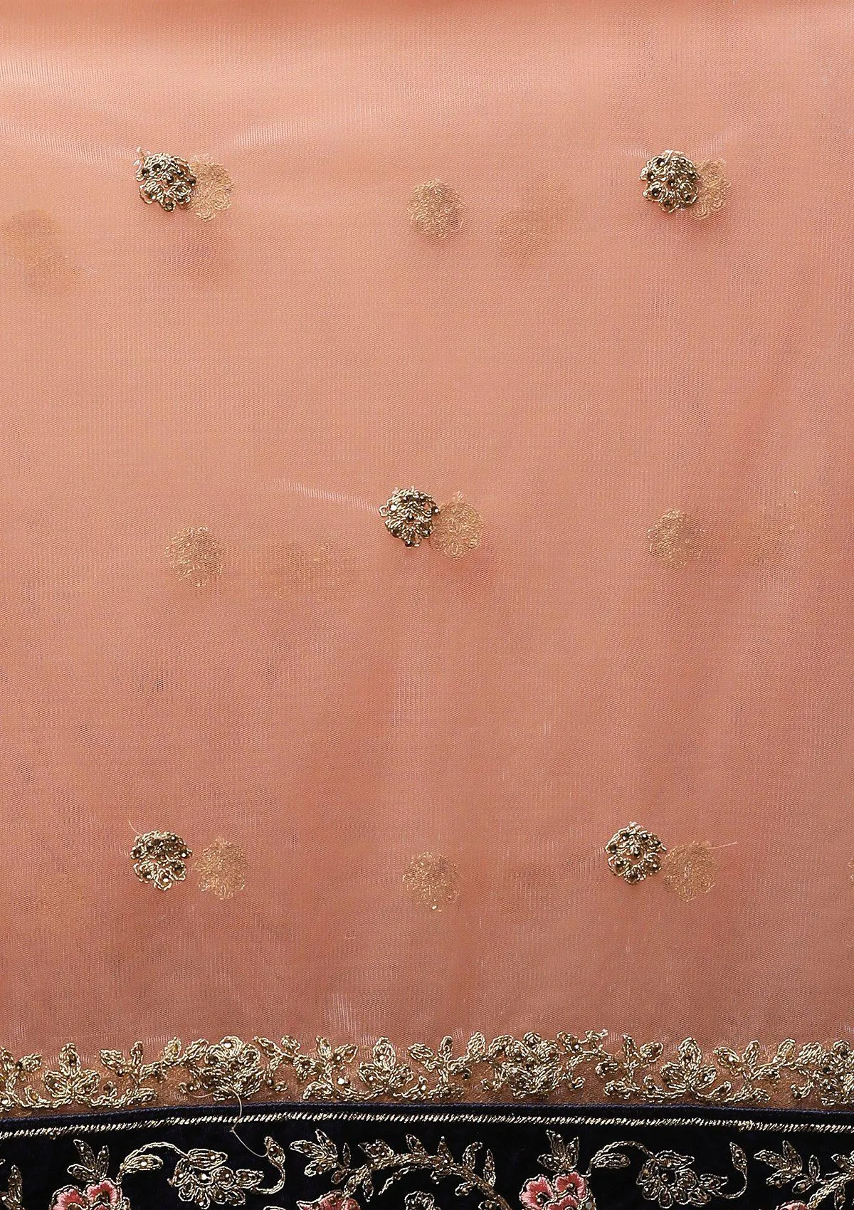 Blue and Pink Velvet Semi Stitched Lehenga