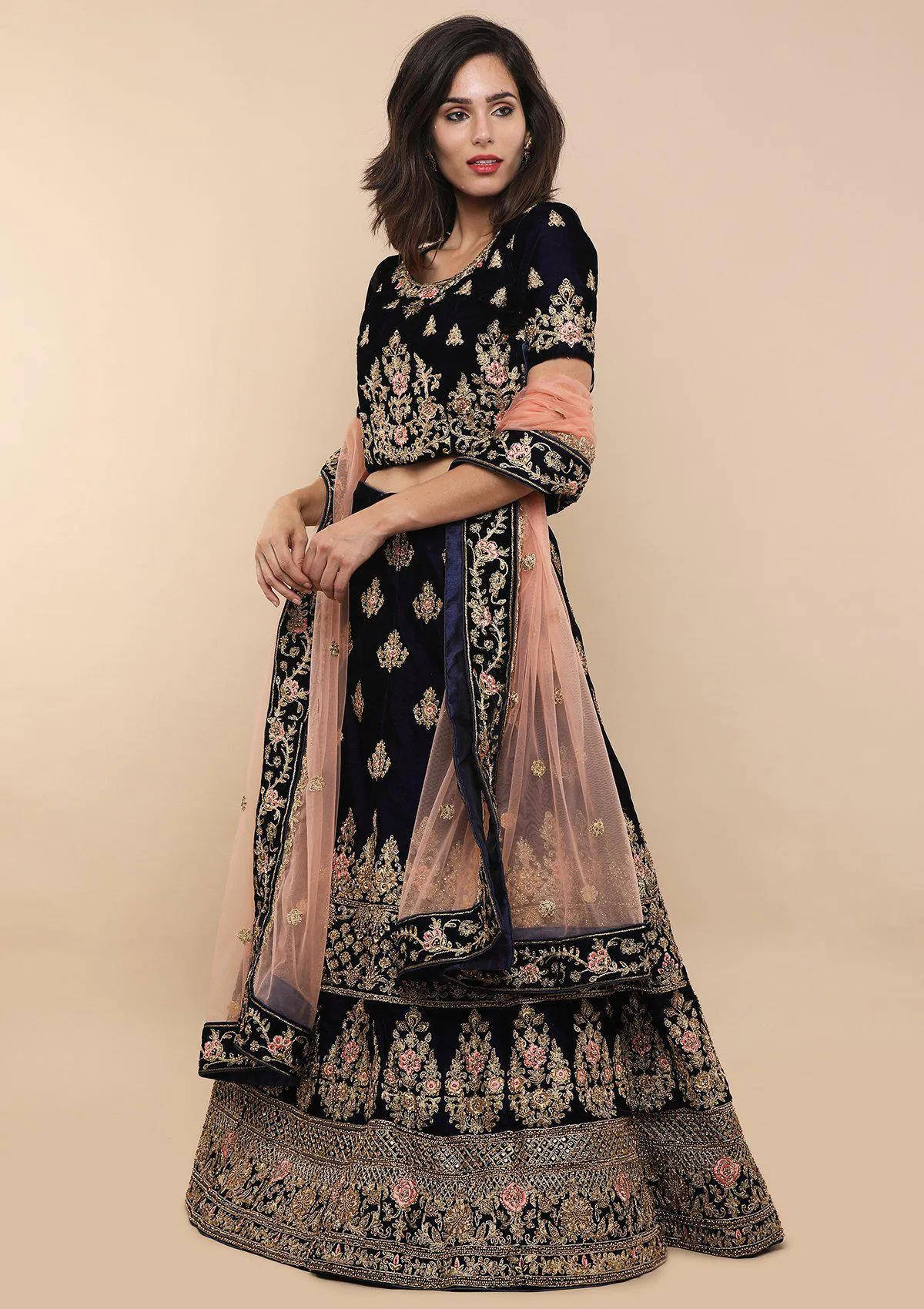 Blue and Pink Velvet Semi Stitched Lehenga