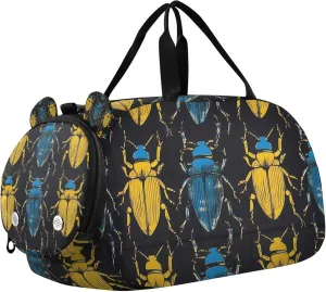 Blue and Yellow Beetle Sports Duffle Bag for Kids Girls Boys, Gym Bag with Shoe Compartments, Kids Travel Overnight Weekender Shoulder Bag