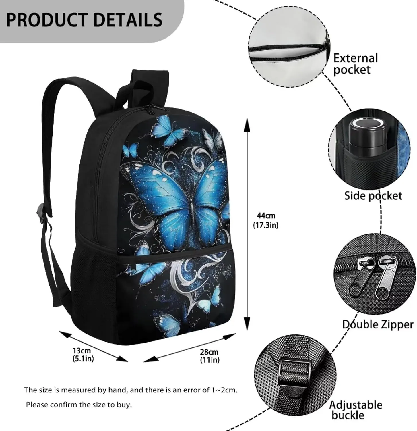 Blue Butterfly Print Kids Backpack for Girls Preschool Backpack School Bag Cute Kindergarten Backpack for Aged 3-8