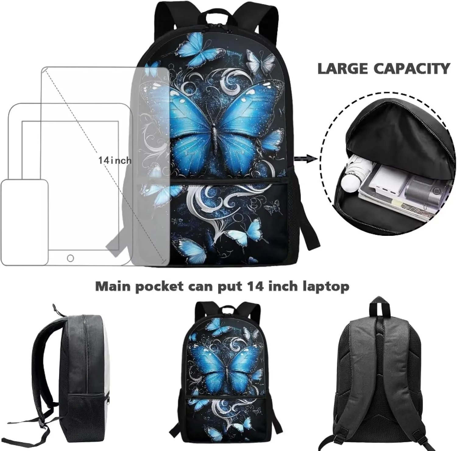Blue Butterfly Print Kids Backpack for Girls Preschool Backpack School Bag Cute Kindergarten Backpack for Aged 3-8