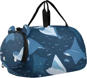 Blue Ocean Stingray Fish Sports Duffle Bag for Girls Boys, Gym Bag with Shoe Compartment, Kids Travel Overnight Weekender Shoulder Bag
