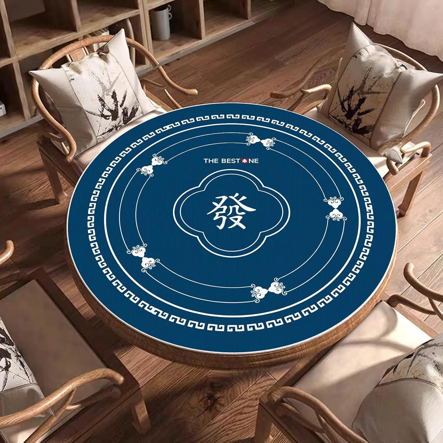 Blue Round Mahjong Table Mat with Carrying Bag, Soft and Thick Tablecloth, Non-Slip Noise Reduction Game Mat for Mahjong Poker and Cards(Blue 1,120cm/47.25in)