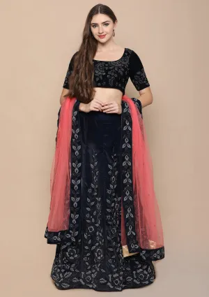 Blue Zariwork Velvet Semi Stitched Lehenga