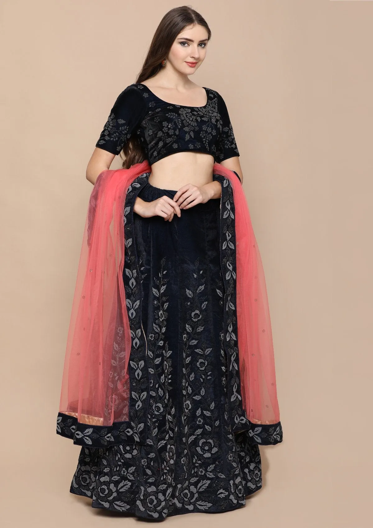 Blue Zariwork Velvet Semi Stitched Lehenga