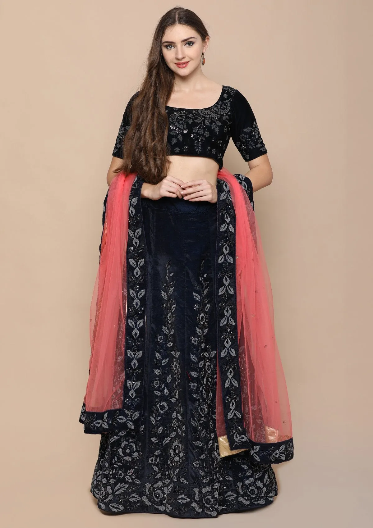 Blue Zariwork Velvet Semi Stitched Lehenga