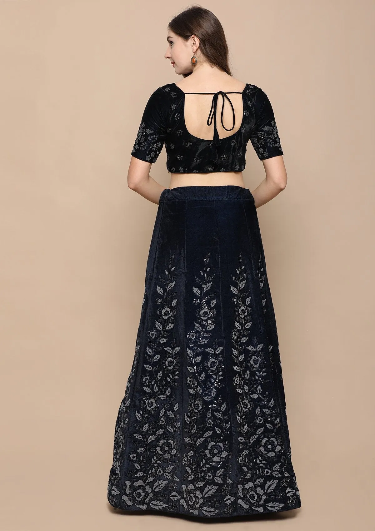 Blue Zariwork Velvet Semi Stitched Lehenga