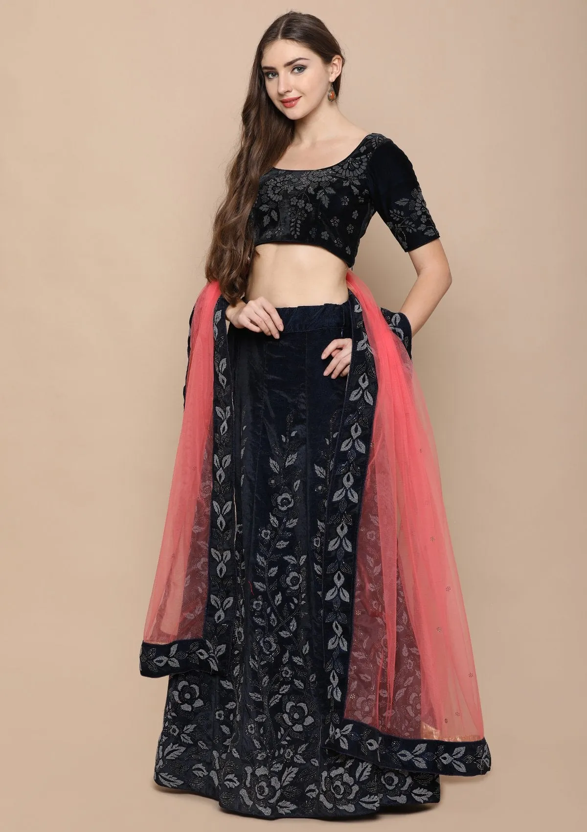 Blue Zariwork Velvet Semi Stitched Lehenga