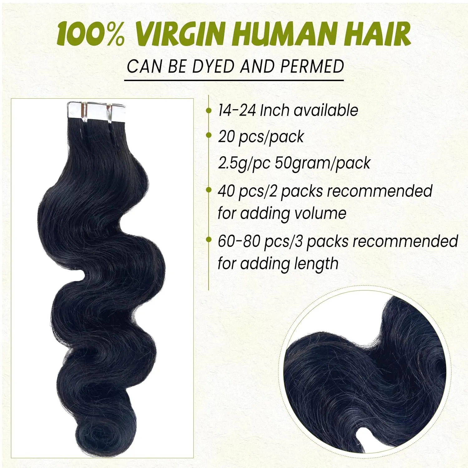 Body Wave Tape in Hair Extensions Human Hair for Black Women 14 Inch 20 Pieces Double Sided Real Human Hair 50G Curly Extensions