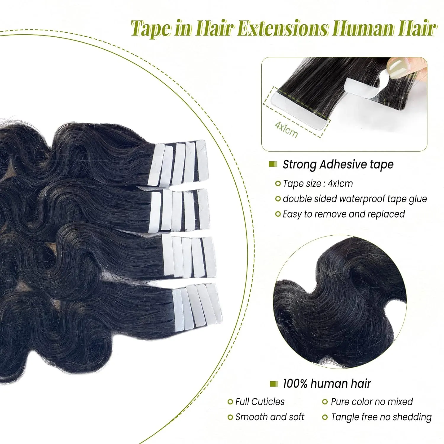Body Wave Tape in Hair Extensions Human Hair for Black Women 14 Inch 20 Pieces Double Sided Real Human Hair 50G Curly Extensions