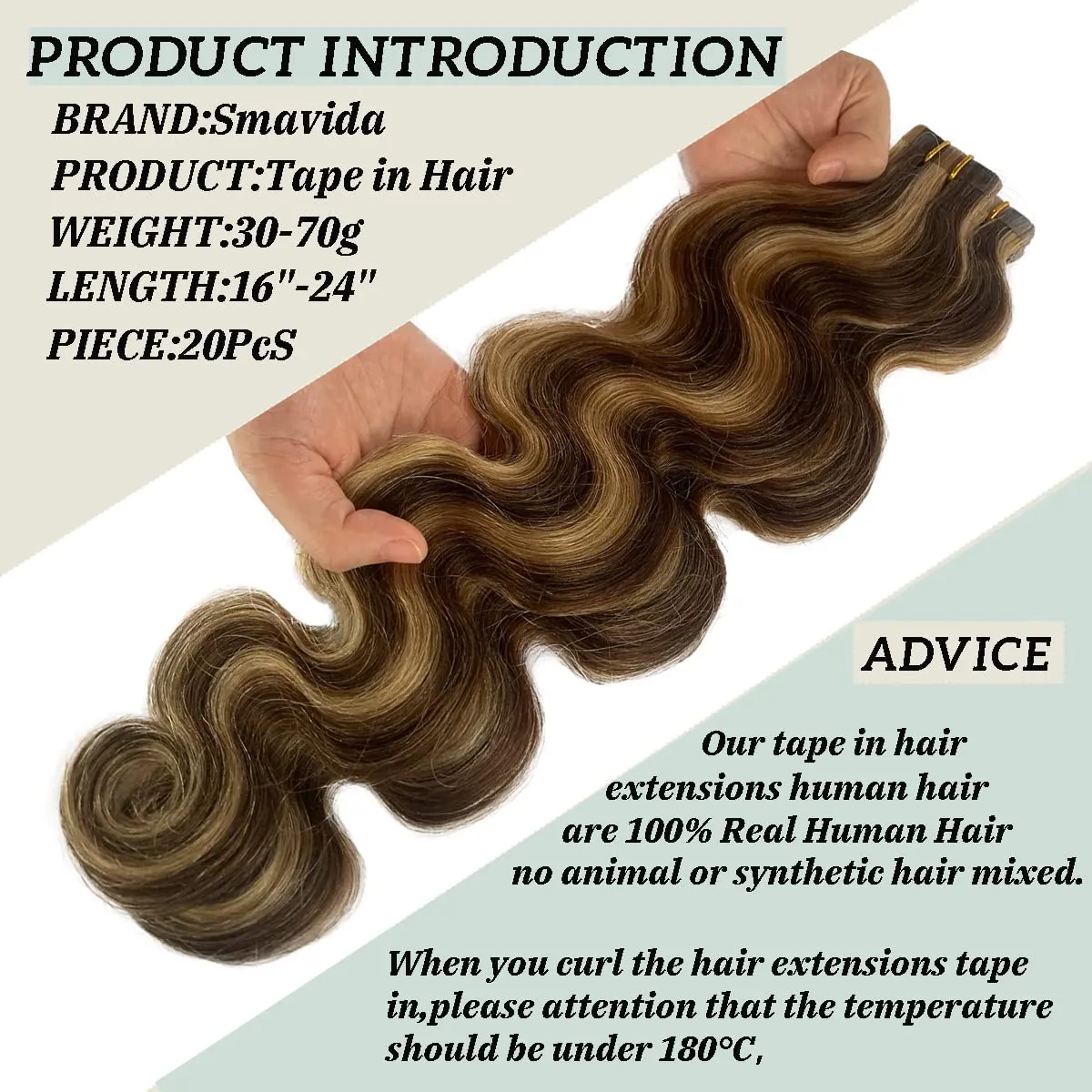 Body Wavy Highlights Tape in Hair Extensions for Women Ombre Brown with Strawberry Blonde Tape in Real Human Hair Extensions 16 Inch 30grams/20pcs Seamless Skin Weft Invisible