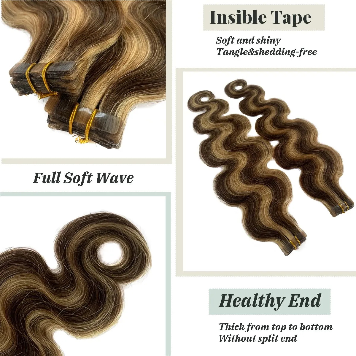 Body Wavy Highlights Tape in Hair Extensions for Women Ombre Brown with Strawberry Blonde Tape in Real Human Hair Extensions 16 Inch 30grams/20pcs Seamless Skin Weft Invisible