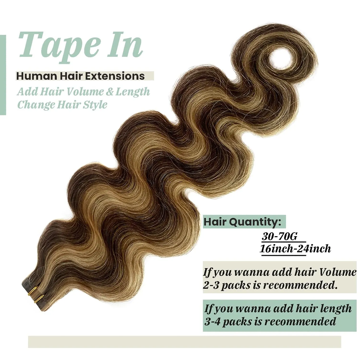 Body Wavy Highlights Tape in Hair Extensions for Women Ombre Brown with Strawberry Blonde Tape in Real Human Hair Extensions 16 Inch 30grams/20pcs Seamless Skin Weft Invisible