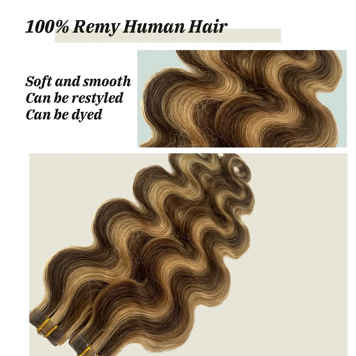 Body Wavy Highlights Tape in Hair Extensions for Women Ombre Brown with Strawberry Blonde Tape in Real Human Hair Extensions 16 Inch 30grams/20pcs Seamless Skin Weft Invisible