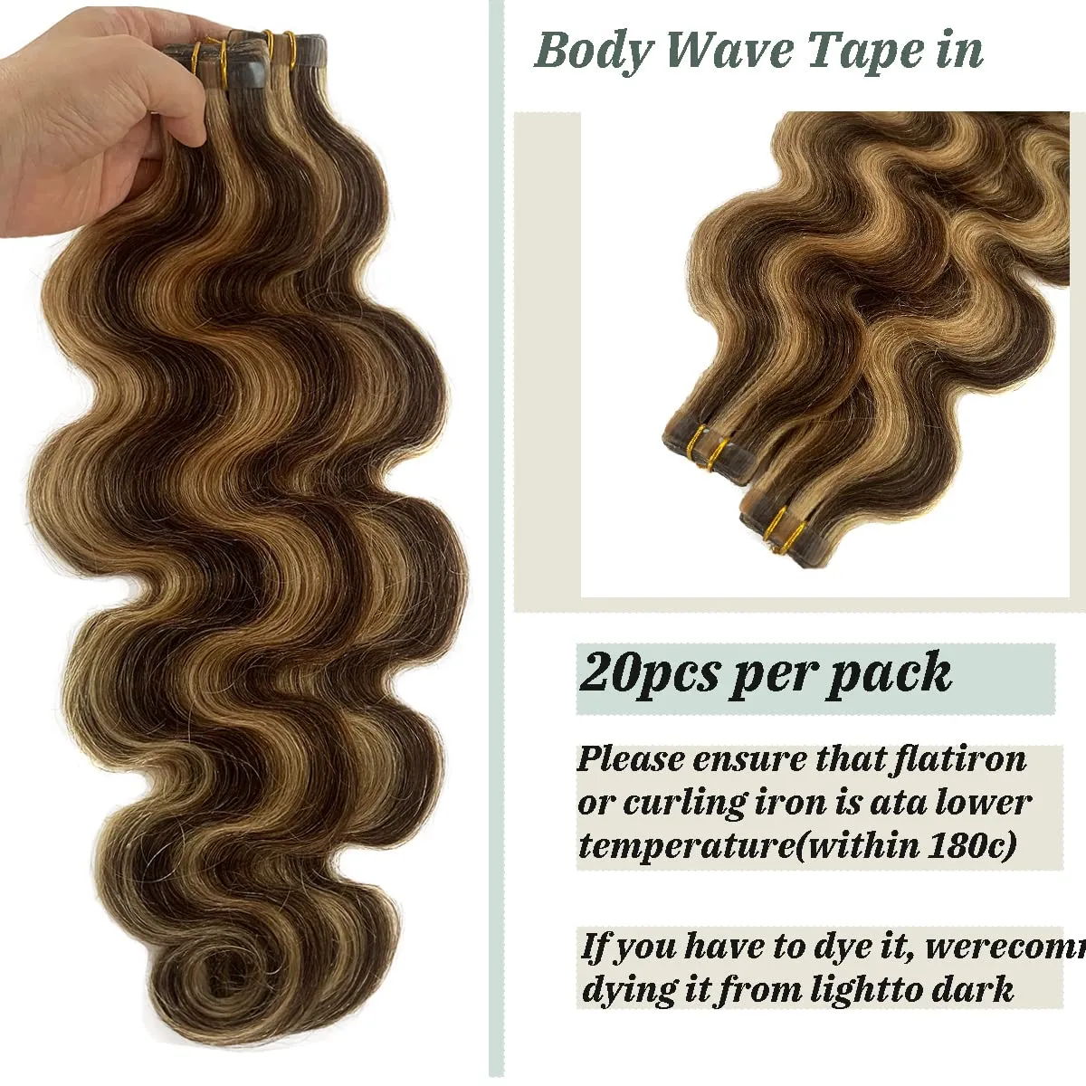 Body Wavy Highlights Tape in Hair Extensions for Women Ombre Brown with Strawberry Blonde Tape in Real Human Hair Extensions 16 Inch 30grams/20pcs Seamless Skin Weft Invisible