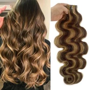 Body Wavy Highlights Tape in Hair Extensions for Women Ombre Brown with Strawberry Blonde Tape in Real Human Hair Extensions 16 Inch 30grams/20pcs Seamless Skin Weft Invisible