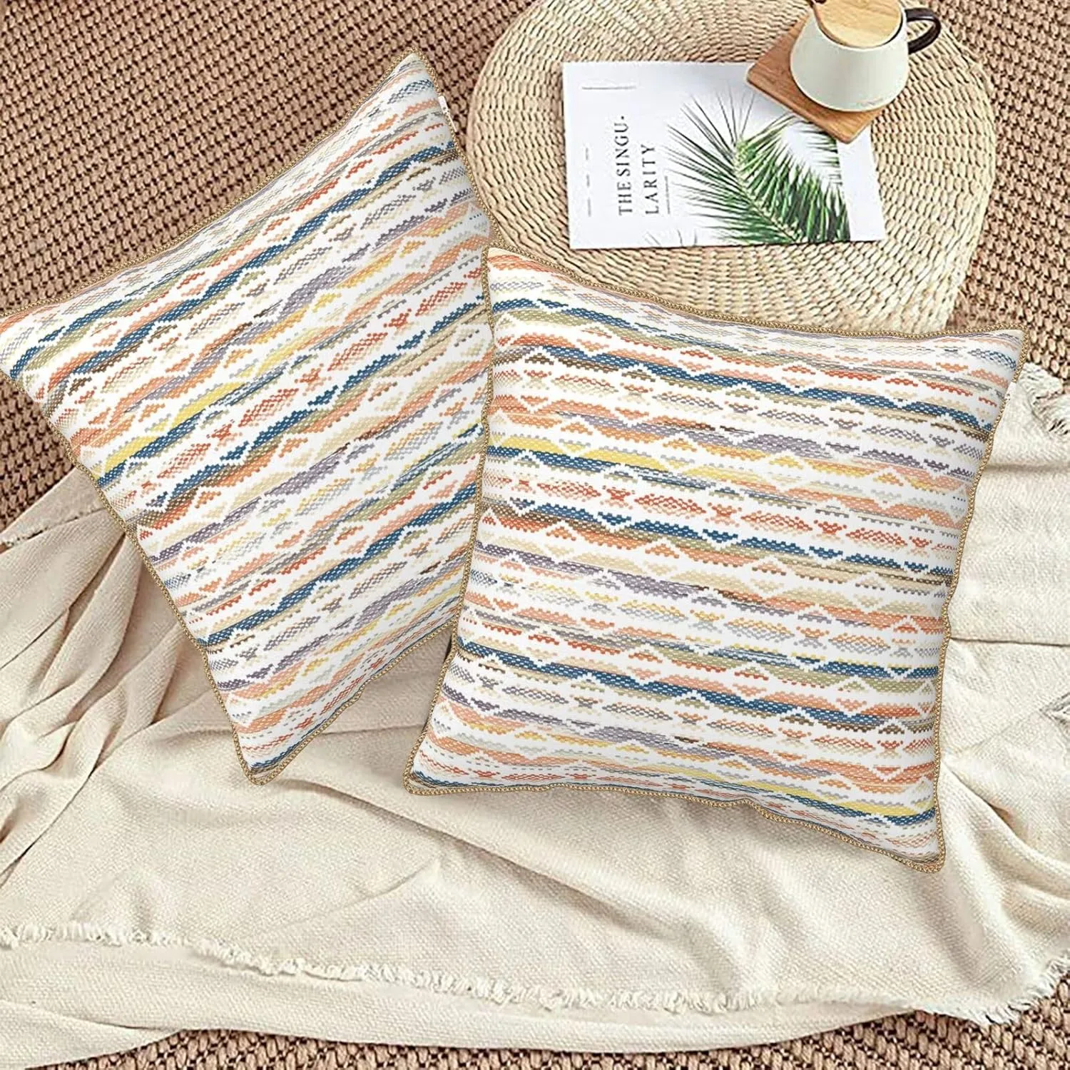 Boho Colorful Stripes Decorative Velvet Throw Pillow Covers 18x18 Inch Set of 2 Red Yellow Blue Geometric Pillows Cover Soft Farmhouse Cushion Case of Sofa Bed Living Room