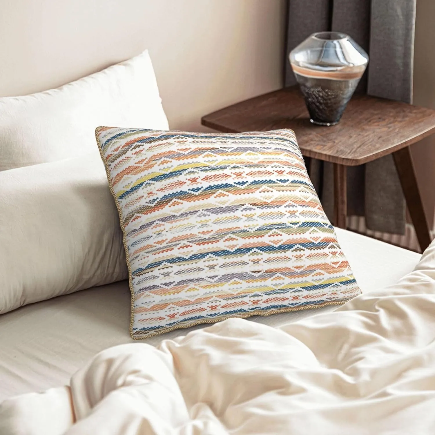 Boho Colorful Stripes Decorative Velvet Throw Pillow Covers 18x18 Inch Set of 2 Red Yellow Blue Geometric Pillows Cover Soft Farmhouse Cushion Case of Sofa Bed Living Room