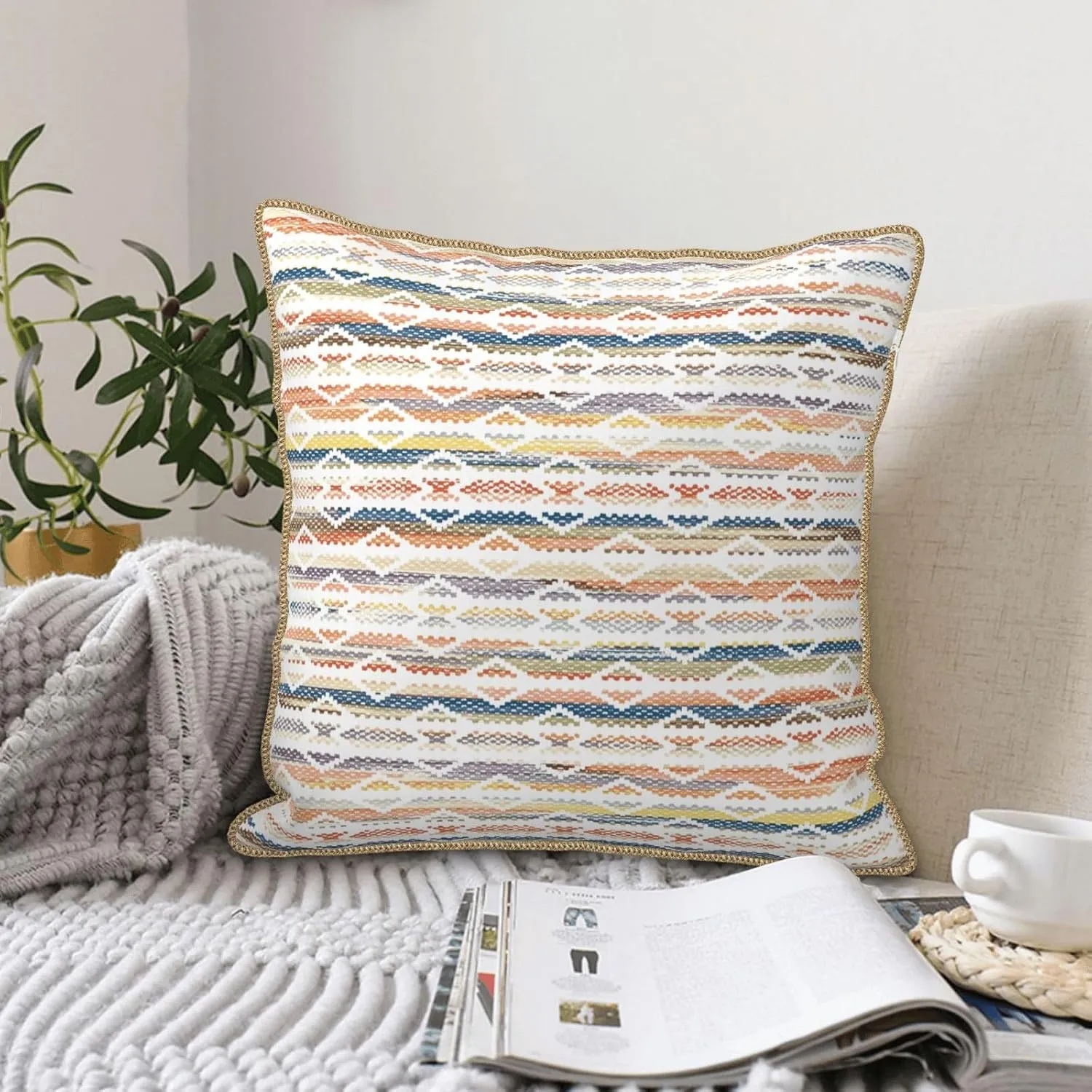 Boho Colorful Stripes Decorative Velvet Throw Pillow Covers 18x18 Inch Set of 2 Red Yellow Blue Geometric Pillows Cover Soft Farmhouse Cushion Case of Sofa Bed Living Room