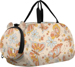 Boho Retro Colours Butterflies Among Flowers Kids Duffel Bag with Shoes Compartment Large Capacity Weekend Bag for Travel, Sports, Duffel, Weekender
