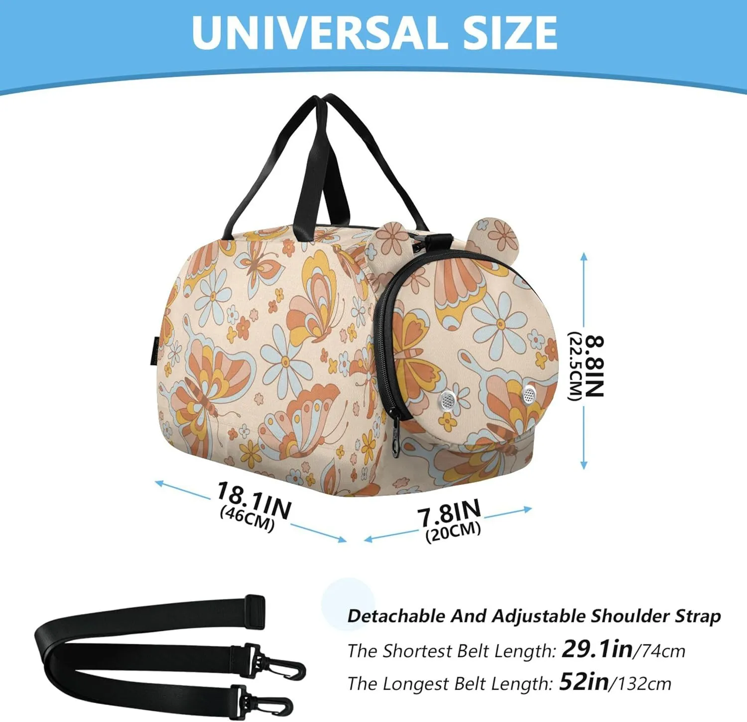 Boho Retro Colours Butterflies Among Flowers Kids Duffel Bag with Shoes Compartment Large Capacity Weekend Bag for Travel, Sports, Duffel, Weekender