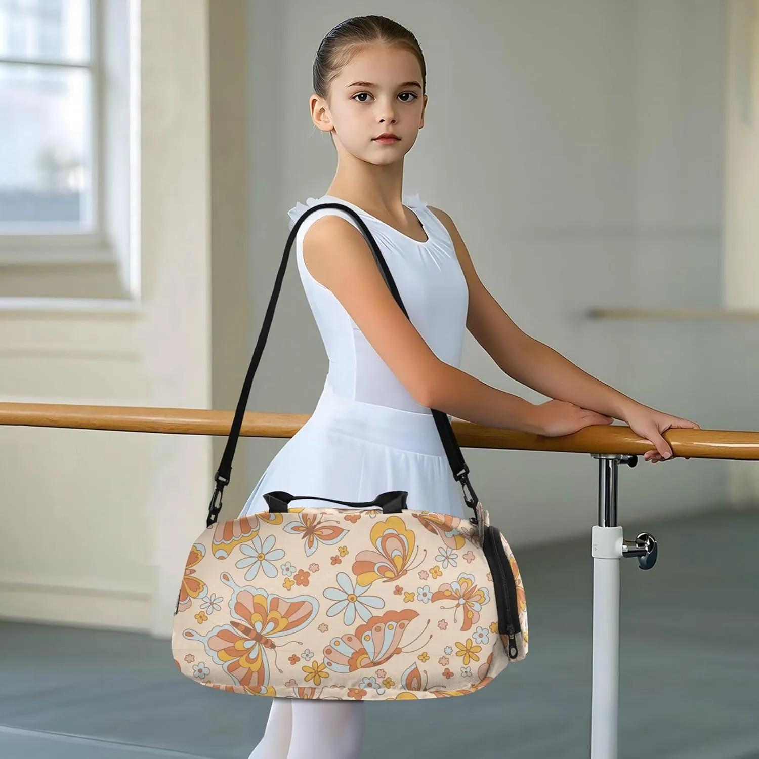 Boho Retro Colours Butterflies Among Flowers Kids Duffel Bag with Shoes Compartment Large Capacity Weekend Bag for Travel, Sports, Duffel, Weekender