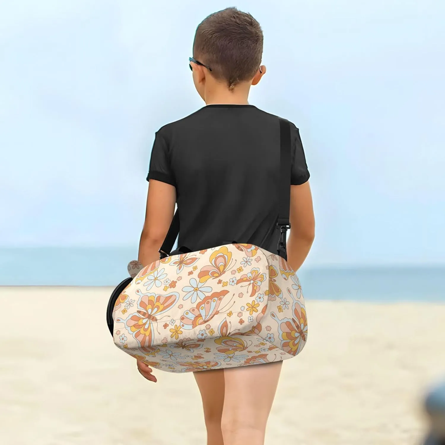 Boho Retro Colours Butterflies Among Flowers Kids Duffel Bag with Shoes Compartment Large Capacity Weekend Bag for Travel, Sports, Duffel, Weekender